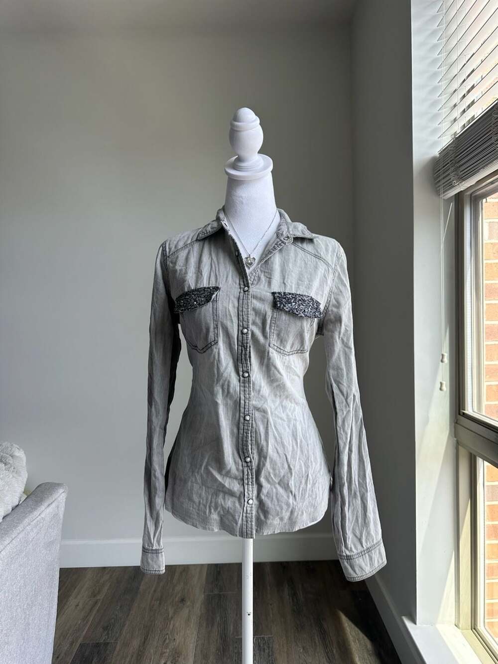 Maurices Premium Gray Denim Pearl Snap Button Up Top S